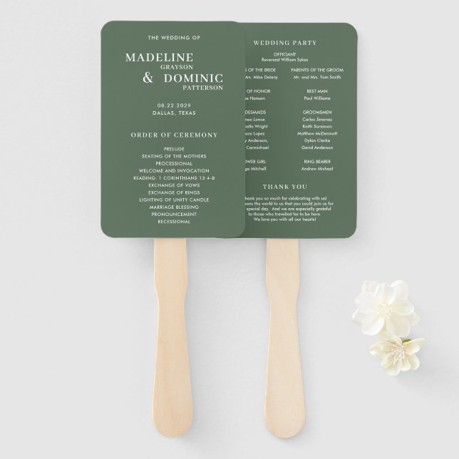 Abanico Programa de boda moderno verde bosque Madeline (Anverso y reverso)