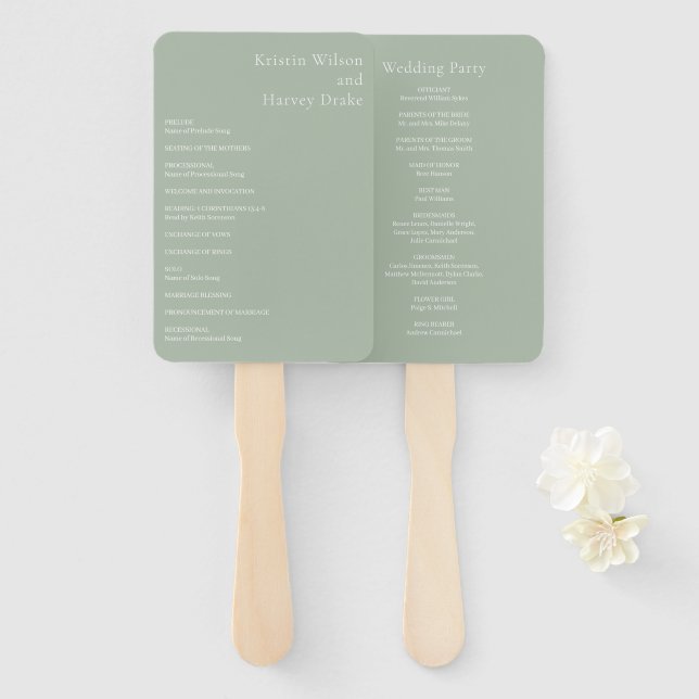 Abanico Programa de Boda Moderno Verde Salvia con Estilo (Anverso y reverso)