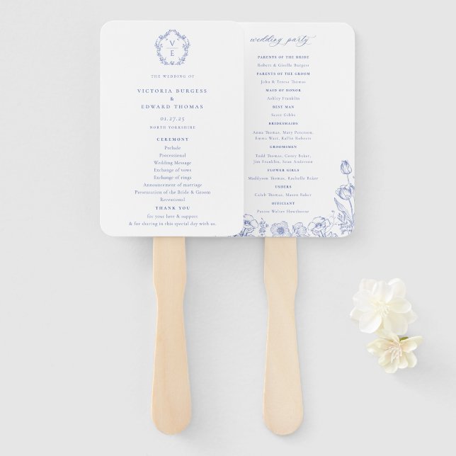 Abanico Programa de Boda Monograma de Regency Blue Ornate  (Anverso y reverso)