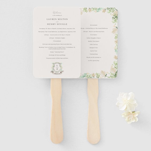 Abanico Programa de Boda Monograma Escudo Floral (Anverso y reverso)