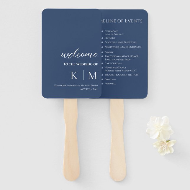 Abanico Programa de Boda Monograma Moderno Azul y Blanco (Anverso y reverso)