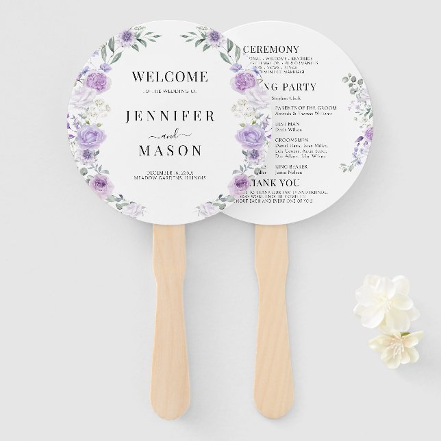 Abanico Programa de Boda Morada Lilac Floral (Anverso y reverso)