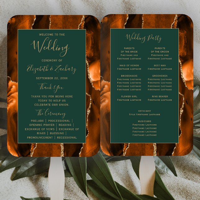 Abanico Programa de Boda Naranja Quemada Ágata Dorada Verd (Subido por el creador)