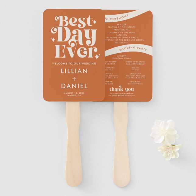 Abanico Programa de Boda Naranja Retro Moderno (Anverso y reverso)