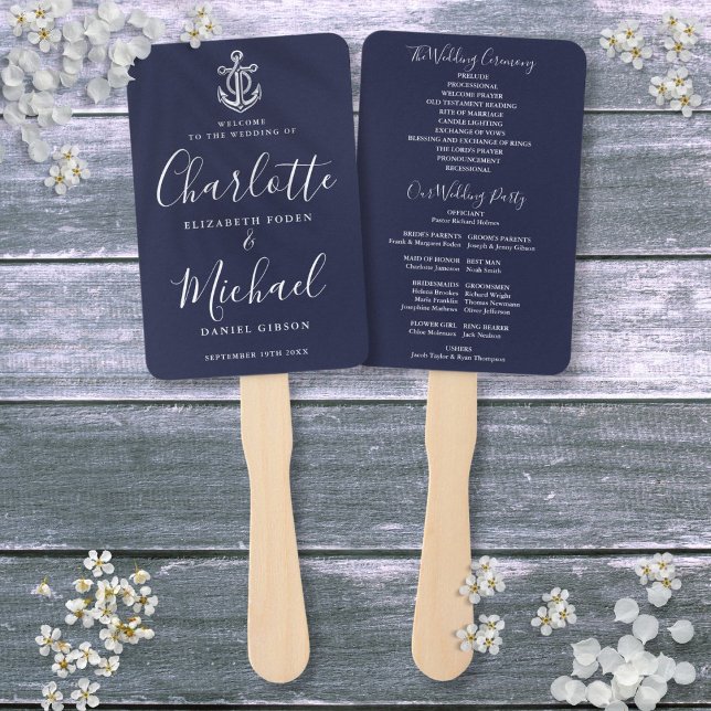 Abanico Programa de Boda Náutica del Ancla Azul de la Mari (Script Navy Blue Anchor Nautical Wedding Program Hand Fan)