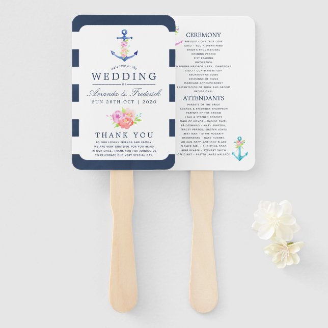 Abanico Programa de boda náutico floral acuarela (Anverso y reverso)