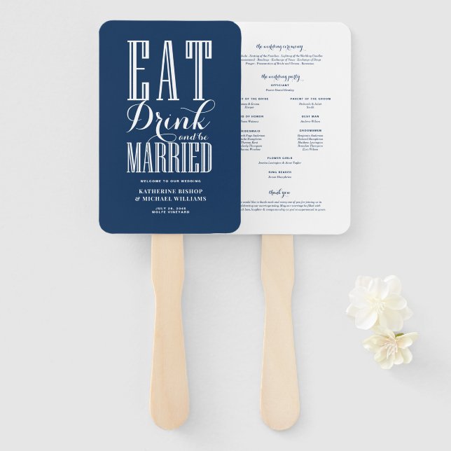 Abanico Programa de Boda Navy Blue Eat Drink and Be Marrie (Anverso y reverso)