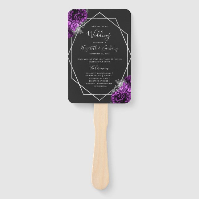 Abanico Programa de Boda Negro Floral Plateado Geométrico  (Anverso)