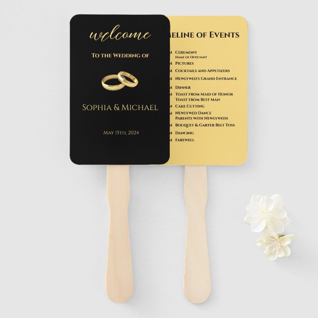 Abanico Programa de Boda Negro y Dorado- (Anverso y reverso)