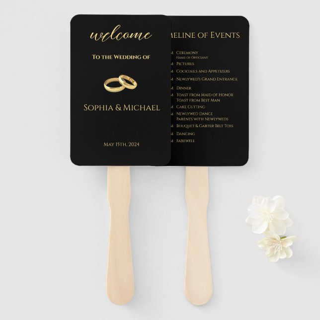 Abanico Programa de Boda - Negro y Dorado - (Anverso y reverso)