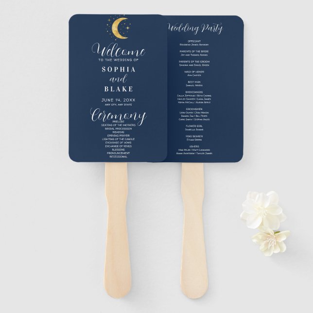 Abanico Programa de Boda Nocturna Crescent Moon Starry (Anverso y reverso)