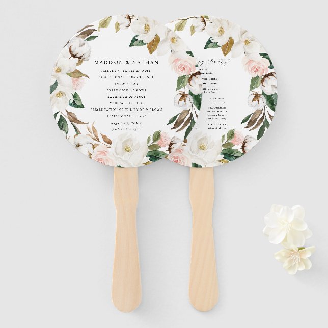 Abanico Programa de Boda Personalizado Acuarela Magnolias (Anverso y reverso)