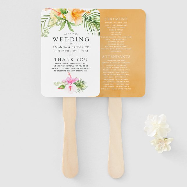 Abanico Programa de boda playera floral tropical acuarela (Anverso y reverso)