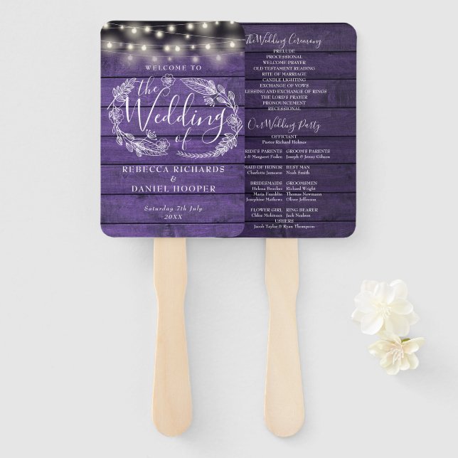 Abanico Programa de Boda Purple Rustic Floral String Light (Anverso y reverso)