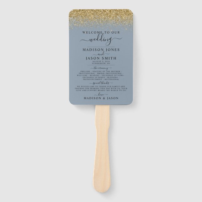 Abanico Programa de Boda Purpurina Dusty Blue & Gold (Anverso)