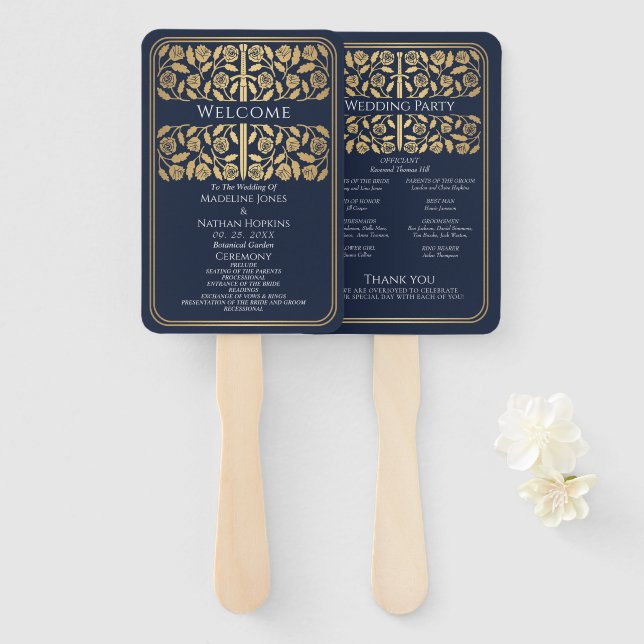 Abanico Programa de Boda Real Espada Dorada Medieval Azul (Anverso y reverso)