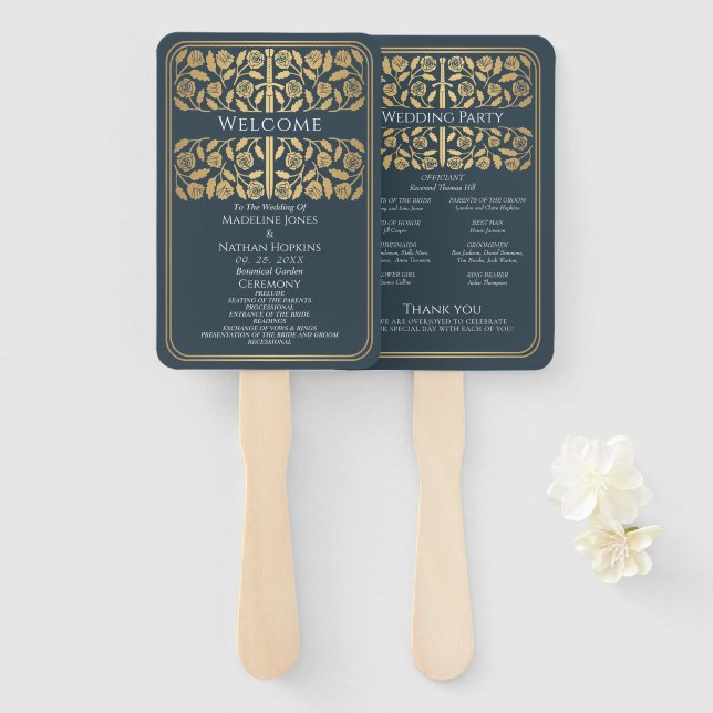 Abanico Programa de boda real espada dorada medieval gris (Anverso y reverso)