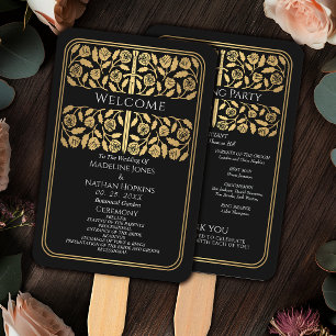 Abanico Programa de Boda Real Espada Dorada Medieval Negra