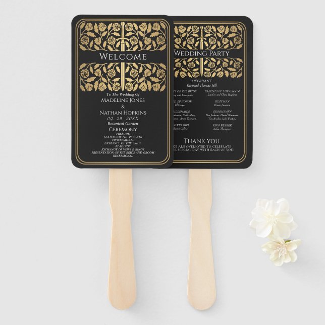 Abanico Programa de Boda Real Espada Dorada Medieval Negra (Anverso y reverso)