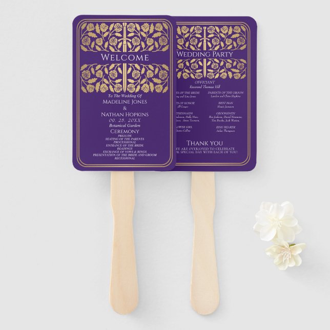 Abanico Programa de Boda Real Espada Dorada Medieval Púrpu (Anverso y reverso)
