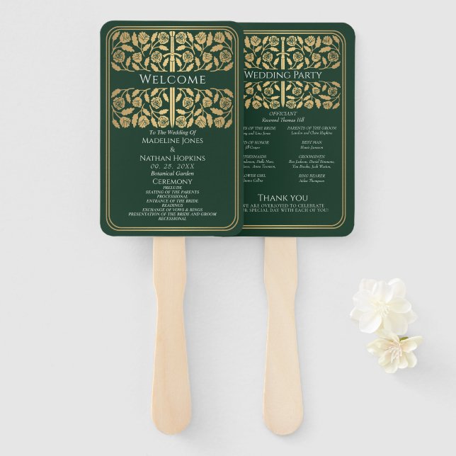 Abanico Programa de Boda Real Espada Dorada Medieval Verde (Anverso y reverso)