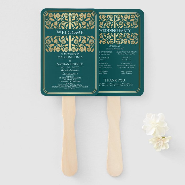 Abanico Programa de Boda Real Espada Dorada Medieval Verde (Anverso y reverso)