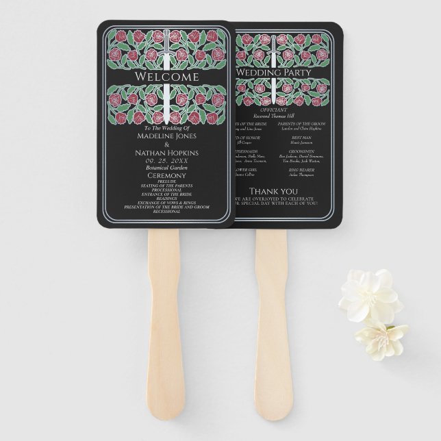 Abanico Programa de Boda Real Espada Floral de Plata Negra (Anverso y reverso)