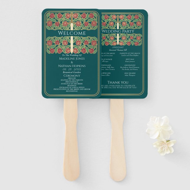 Abanico Programa de Boda Real Espada Floral Oro Verde Teal (Anverso y reverso)