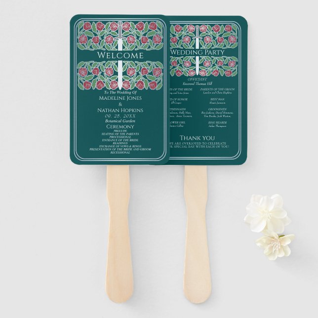Abanico Programa de Boda Real Espada Floral Plateada Verde (Anverso y reverso)