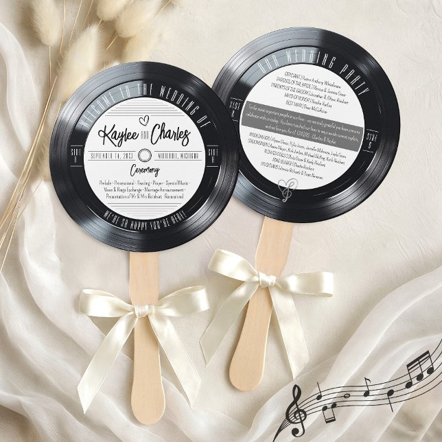 Abanico Programa de Boda Retro en Vinilo Negro y Blanco (Unique Black & White Vinyl Record Retro Vintage Fun Wedding Ceremony Program Service Order Hand Fans)