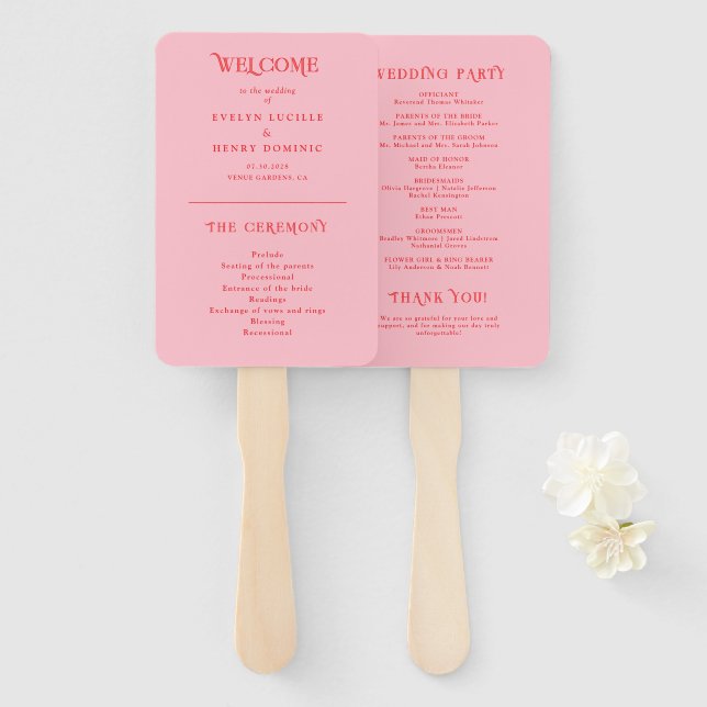 Abanico Programa de Boda Retro Rojo y Rosa (Anverso y reverso)