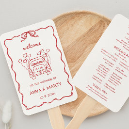 Abanico Programa de Boda Roja Retro de Dibujo a Mano