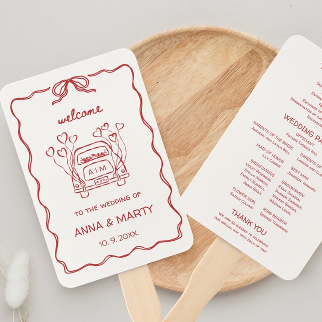 Abanico Programa de Boda Roja Retro de Dibujo a Mano (Hand illustrated Wedding Program on Hand Fans in Red Whimsical Funky Retro French Vintage Wedding)