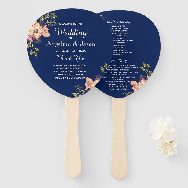 Abanico Programa de Boda Rosa Floral y Azul (Anverso y reverso)