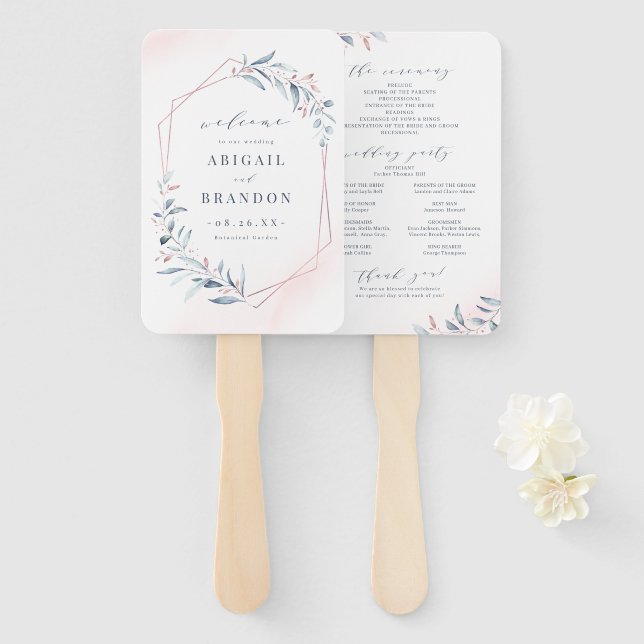 Abanico Programa de Boda Rosa Gold Dusty Blue Greenery (Anverso y reverso)