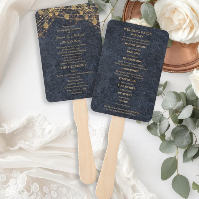 Abanico Programa de Boda Rustic Glam Azul y Dorado (Rustic glam navy blue and gold string lights wedding program hand fans printed on front and back)