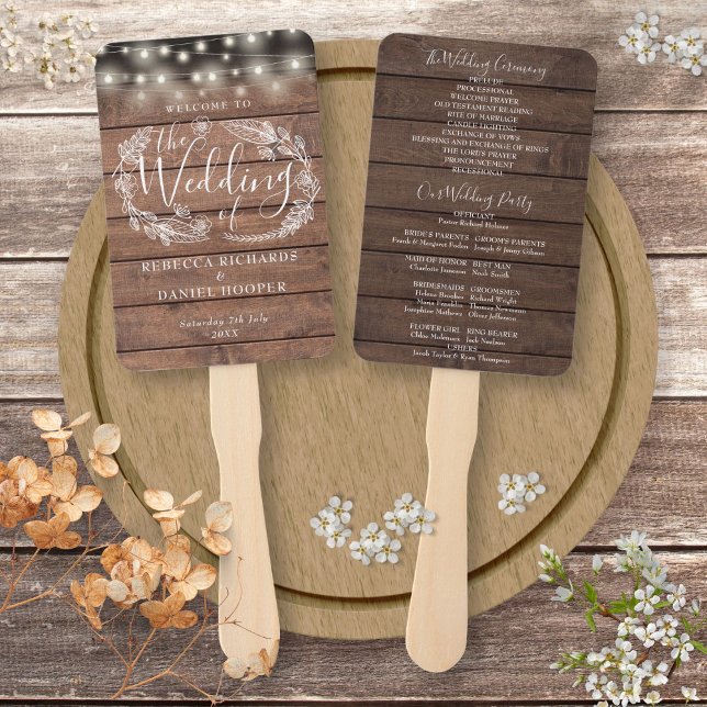 Abanico Programa de Boda Rustic Wood Floral String Lights (Rustic Wood Floral String Lights Wedding Program Hand Fan)