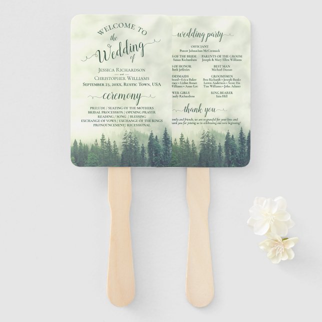 Abanico Programa de Boda Rústica de Pinos Verdes Misty (Anverso y reverso)