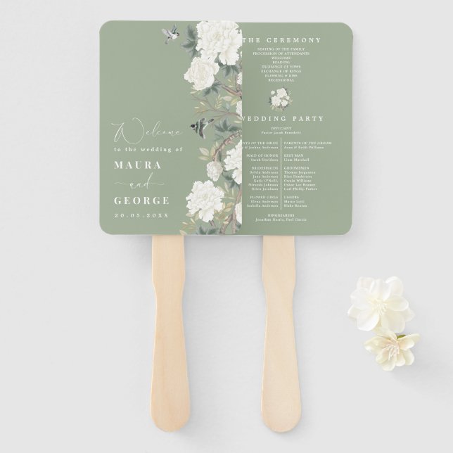 Abanico Programa de Boda Sage Green Ivory Chinoiserie (Anverso y reverso)