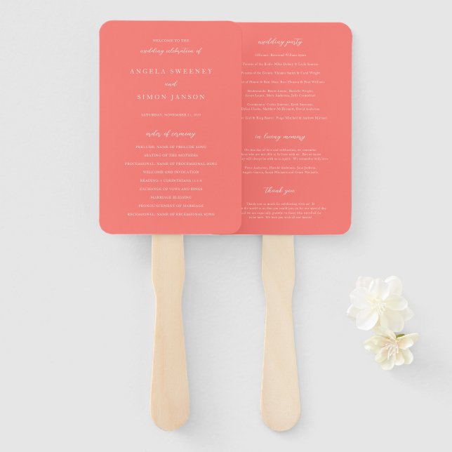 Abanico Programa de Boda Simple Coral Vibrante y Moderno (Anverso y reverso)