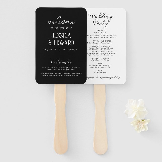 Abanico Programa de Boda Simple Elegante Minimalista Negro (Anverso y reverso)