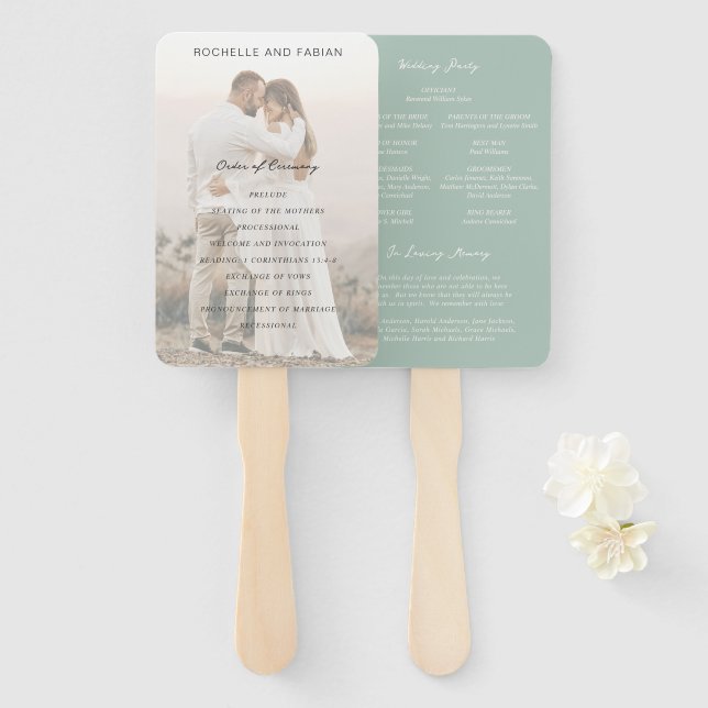 Abanico Programa de Boda Simple Elegante Verde Silenciado (Anverso y reverso)