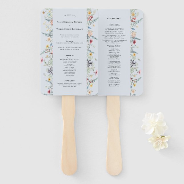 Abanico Programa de Boda Simple Flor Silvestre Helecho Azu (Anverso y reverso)