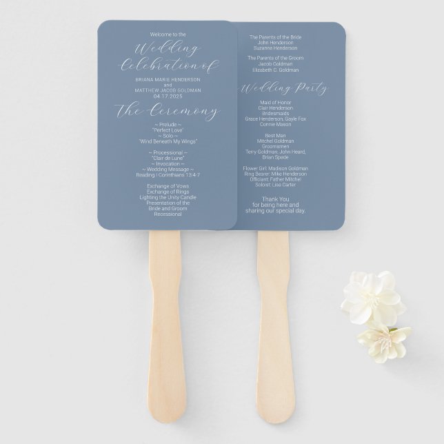 Abanico Programa de Boda Simple Minimalista Polvo Azul (Anverso y reverso)