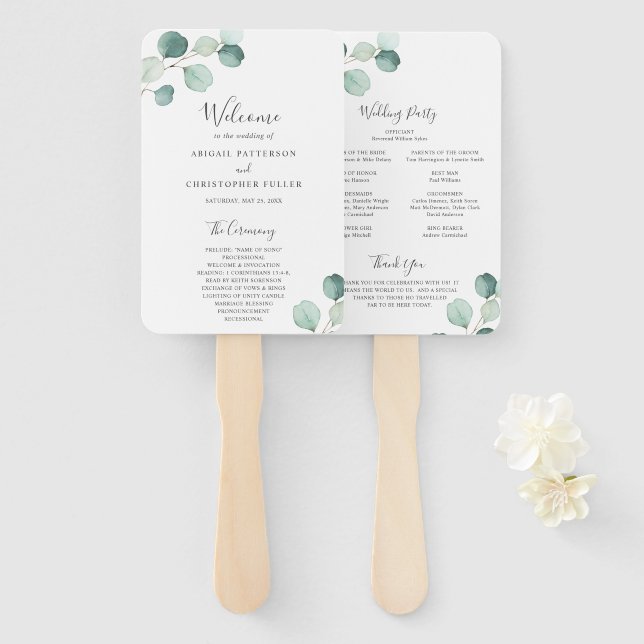 Abanico Programa de Boda Simple y Elegante con Verde Eucal (Anverso y reverso)