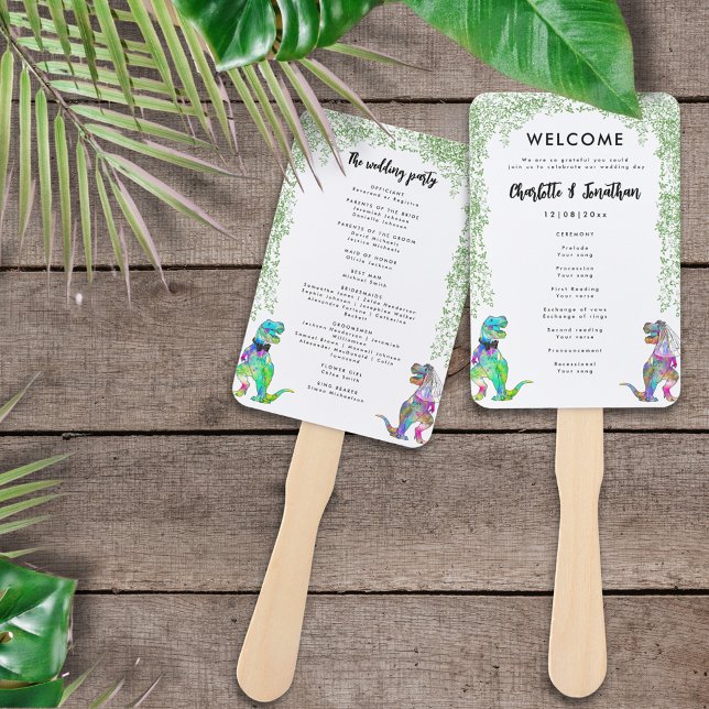 Abanico Programa de Boda Temática de Dinosaurios (Colorful T-Rex bride and groom dinosaur wedding day program)