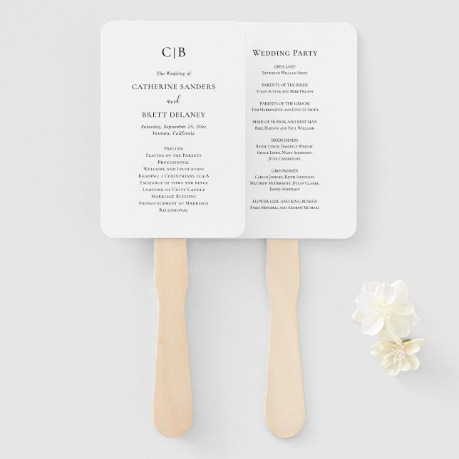 Abanico Programa de Boda Tradicional en Blanco y Negro (Anverso y reverso)