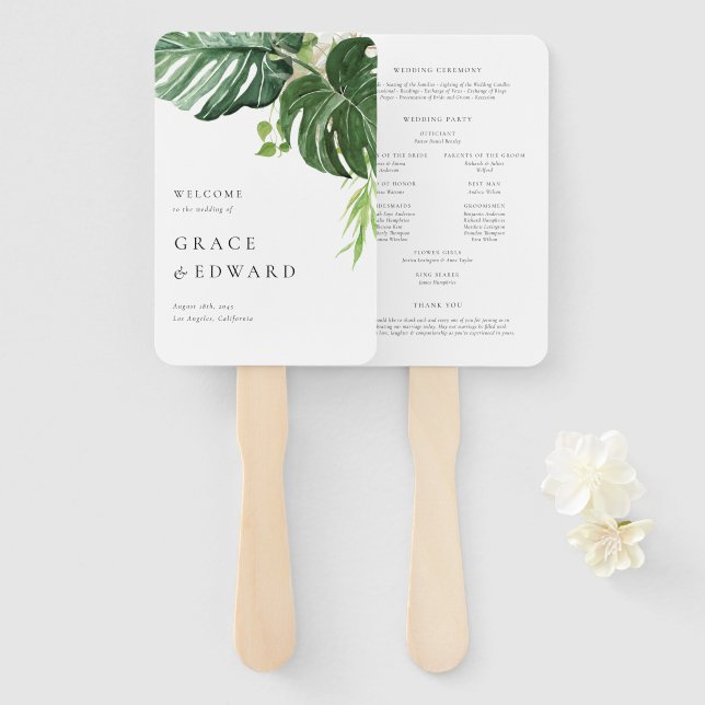 Abanico Programa de Boda Tropical Monstera Acuarela (Anverso y reverso)