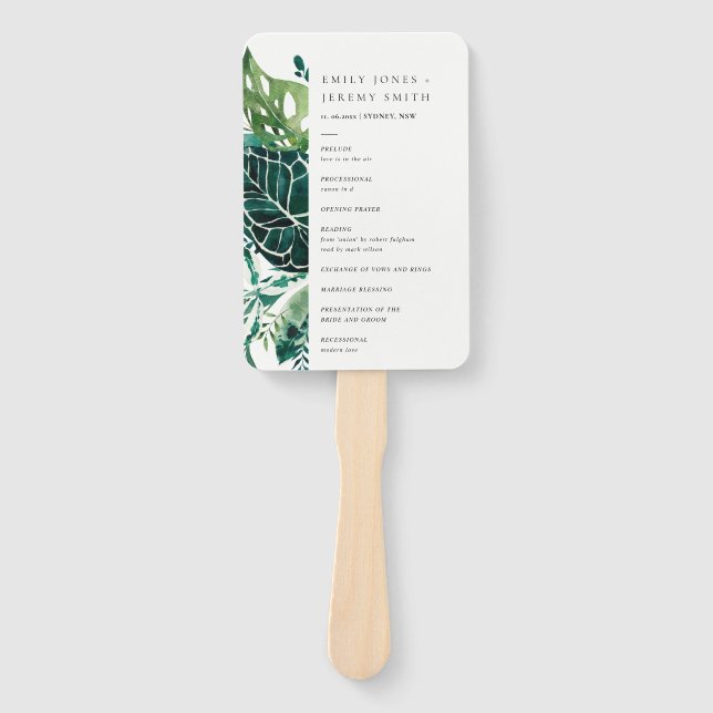 Abanico Programa de Boda Tropical Monstera Green Leafy (Anverso)