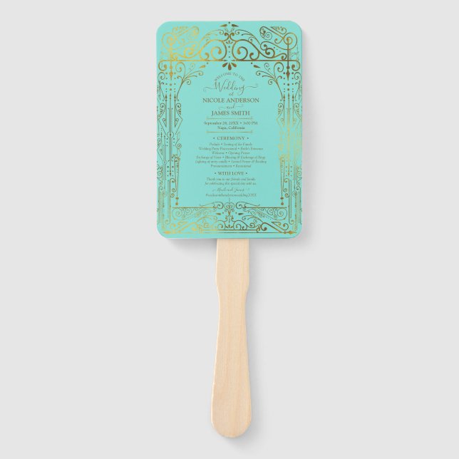 Abanico Programa de Boda Turquesa Oro Deco Chic Glam (Anverso)